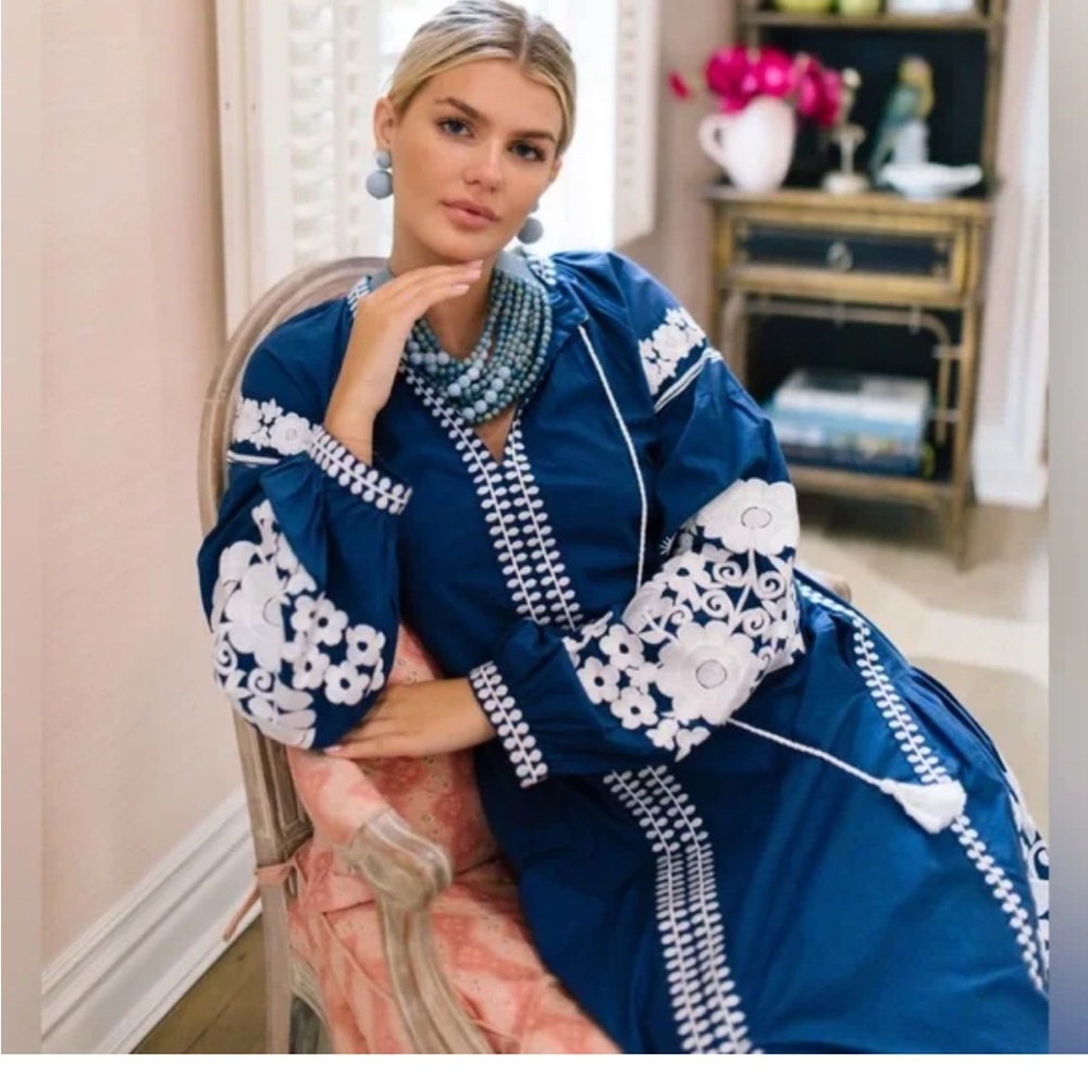 Elegant Blue Embroidered Maxi Dress